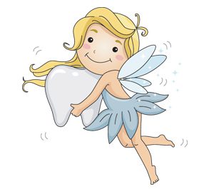 Cute blonde fairy holding a large tooth