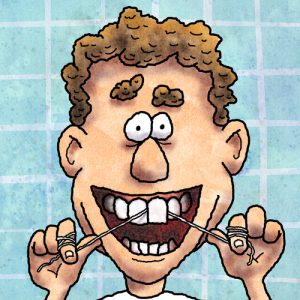 Illustration of a man flossing his teeth
