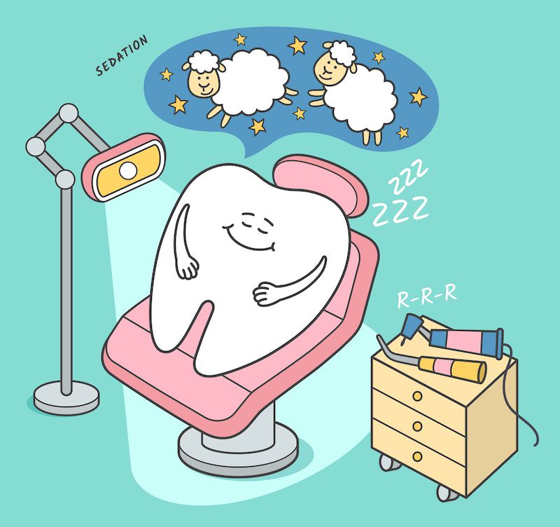 Drawing of smiling tooth in a dental chair, sleeping.
